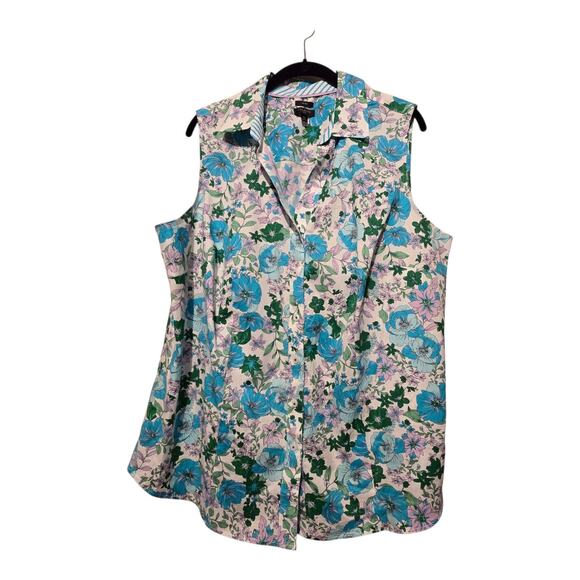 Talbots Tops - Talbots Non Iron Floral Sleeveless Shirt Women's 16W Blue Tropical Resort Cruise
